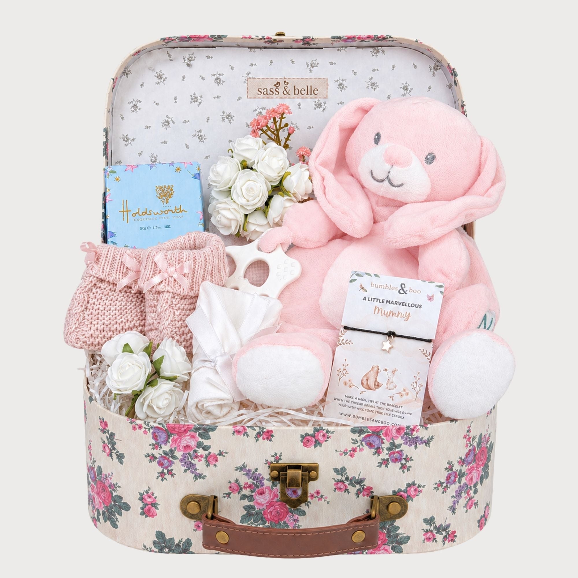 Baby girl gifts hamper with pink bunny comforter and chocolate present for mum. Bumbles and Boo.