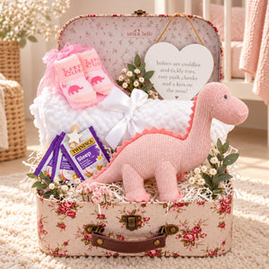 baby girl gifts hamper with pink organic dinosaur rattle and white baby blanket in a vintage suitcase trunk