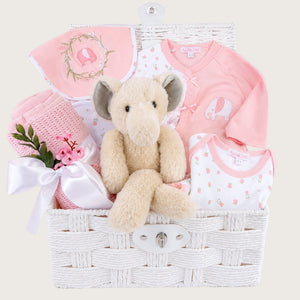 Baby girl gifts basket with plush elephant, pink blanket and baby clothing set.