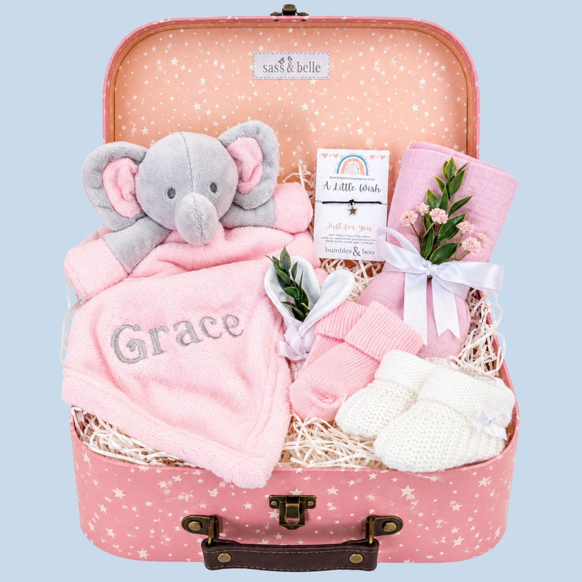 Baby girl gifts hamper with personalised pink elephant comforter. Bumbles and Boo.