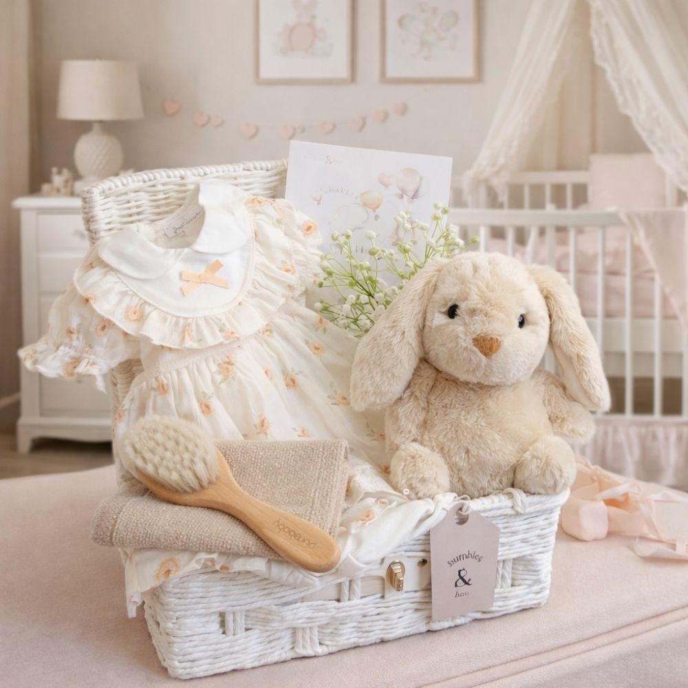New baby girl hamper with gifts packed in a white basket including floral print dress and bunny soft toy