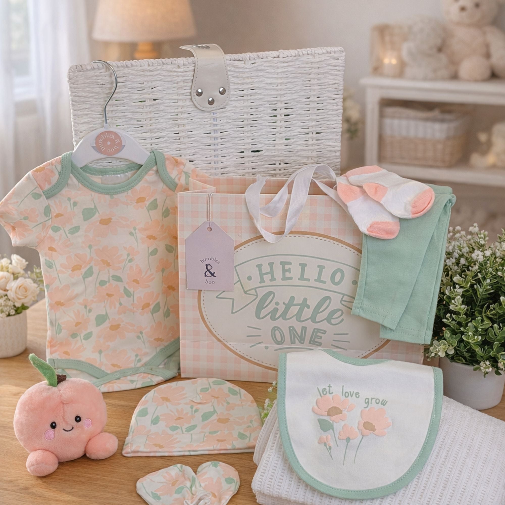 Baby girl gifts in a pretty bag with peach floral clothing set and baby blanket.