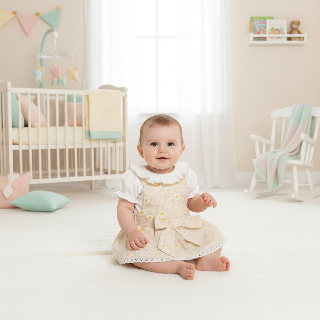 Baby girl taupe gingham floral outfit with lace hem, bow front detail and white puff sleeve top with matching bloomers