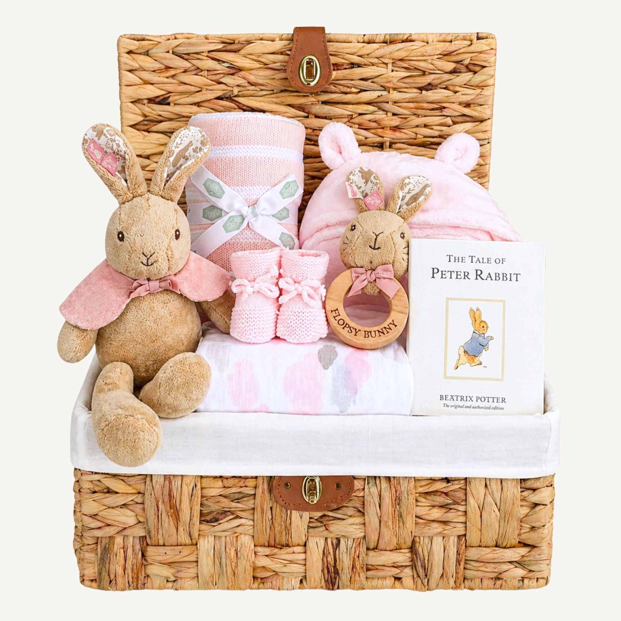 Baby girl hamper basket with flopsy bunny gifts and baby book. Hamper by Bumbles and boo.