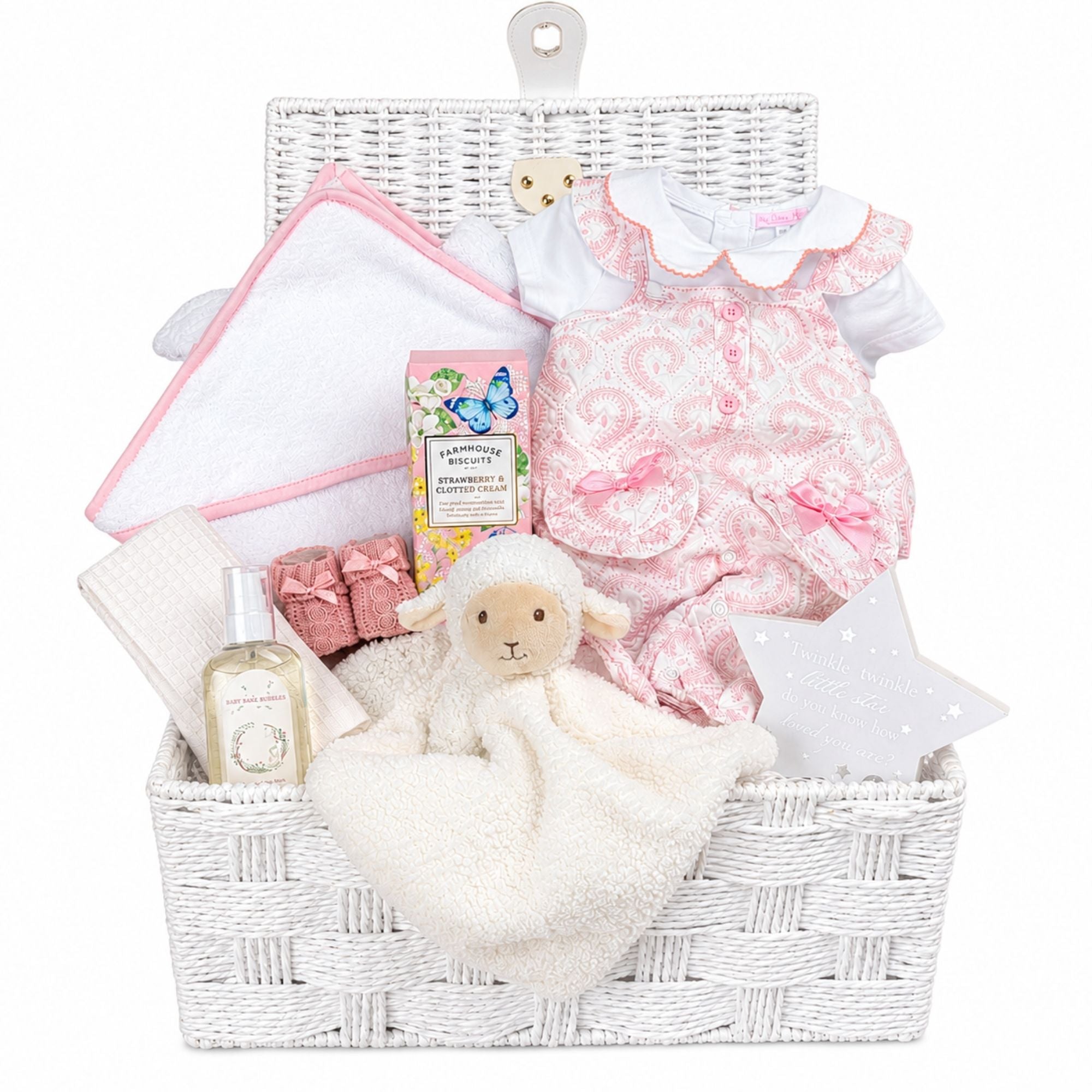 Baby girl hamper basket with pink romper and personalised hooded towel. Little lamb comforter in white.