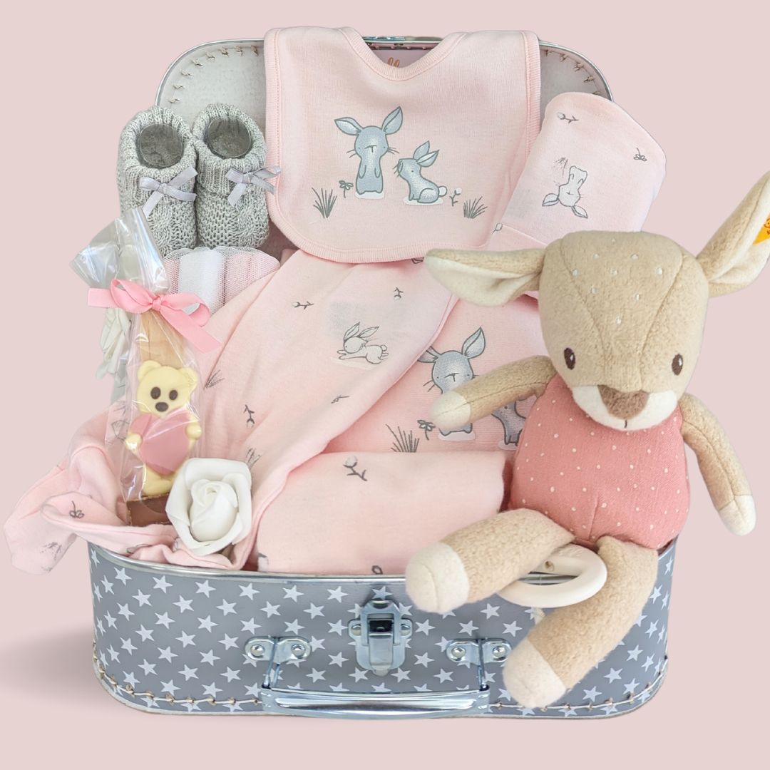 Baby girl gifts hamper with clothing set, deer soft toy and chocolate for mummy.