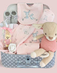 Baby girl gifts hamper with clothing set, deer soft toy and chocolate for mummy.