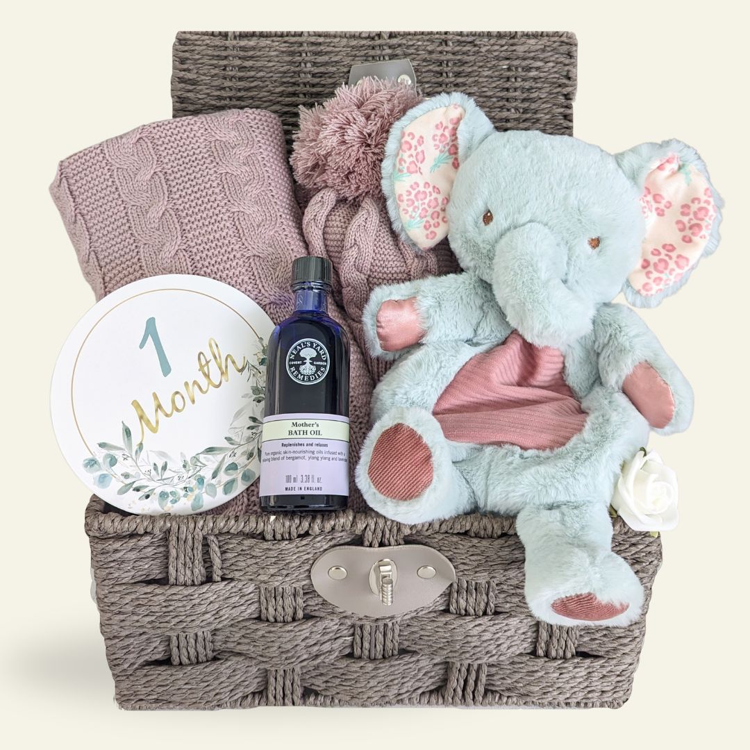 baby girl hamper with elephant soft toy, baby blanket, knit hat, mothers balm and milestone cards.