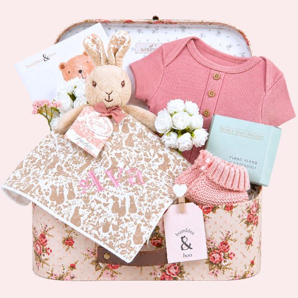 New baby girl hamper with gifts including personalised Flopsy Bunny baby Comforter. Bumbles and Boo.