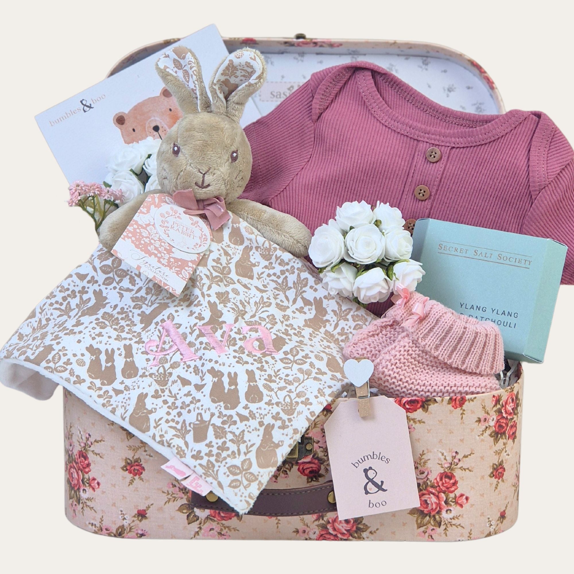 New baby girl hamper with gifts including personalised Flopsy Bunny baby Comforter. Bumbles and Boo.