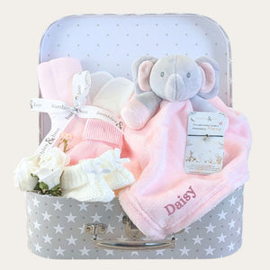 Baby girl gifts hamper with personalised pink elephant comforter. Bumbles and Boo.