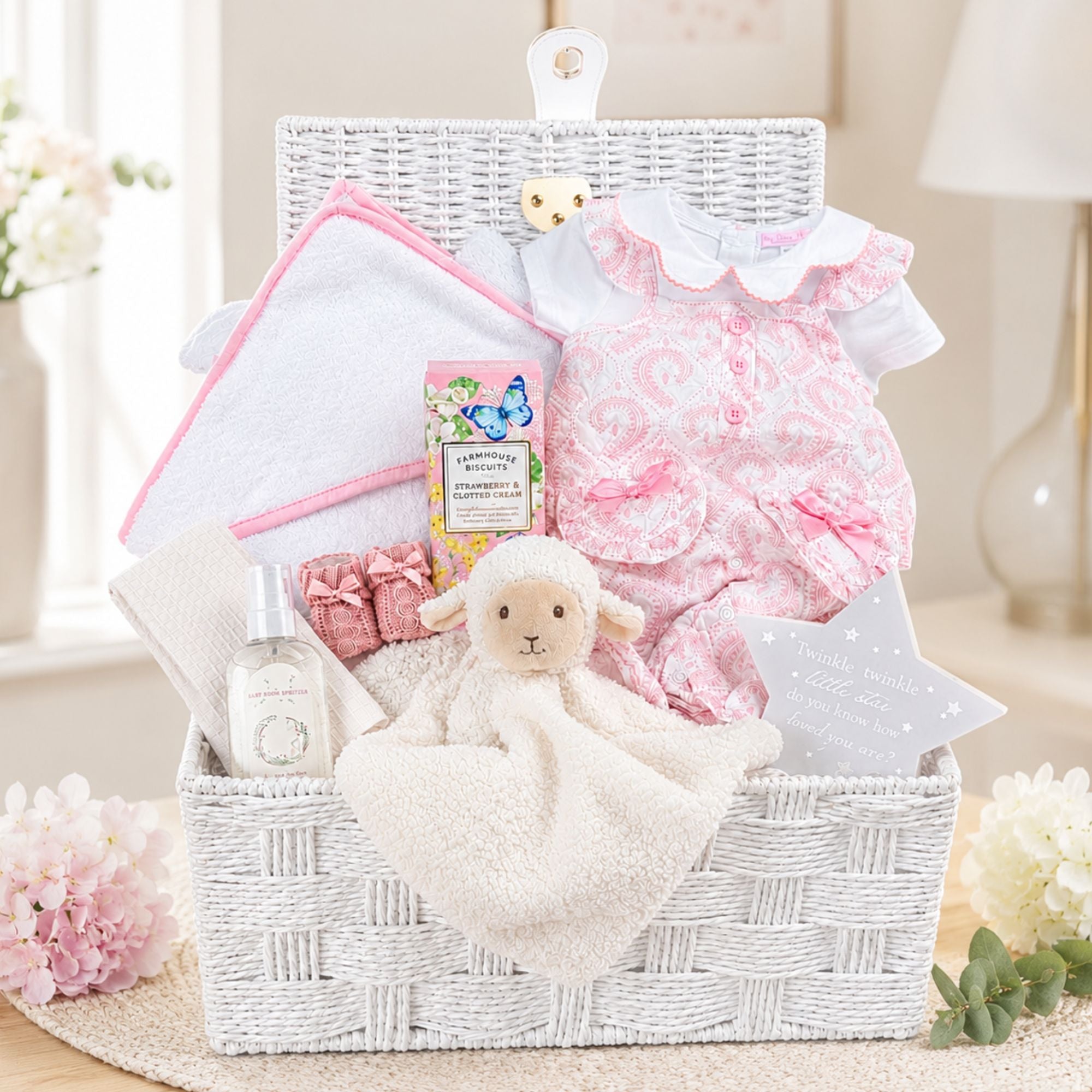 Baby girl hamper basket with pink romper and personalised hooded towel. Little lamb comforter in white.