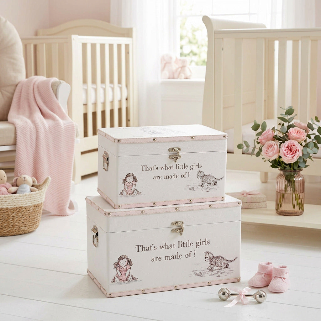 Two pink-trimmed baby girl keepsake boxes stacked in a nursery beside a cot and flowers.