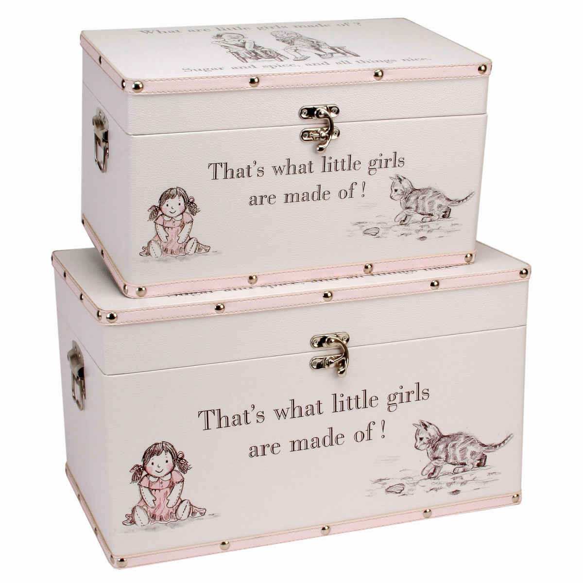 Pair of white and pink nesting luggage-style boxes with nursery-rhyme wording, handles and metal clasps.