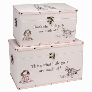 Pair of white and pink nesting luggage-style boxes with nursery-rhyme wording, handles and metal clasps.