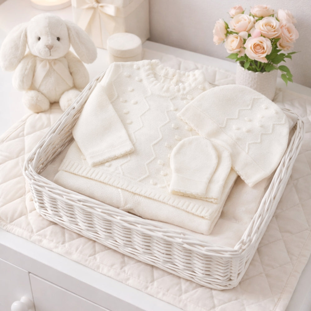 An ivory knitted baby girl clothing set with jumper and trousers and hat