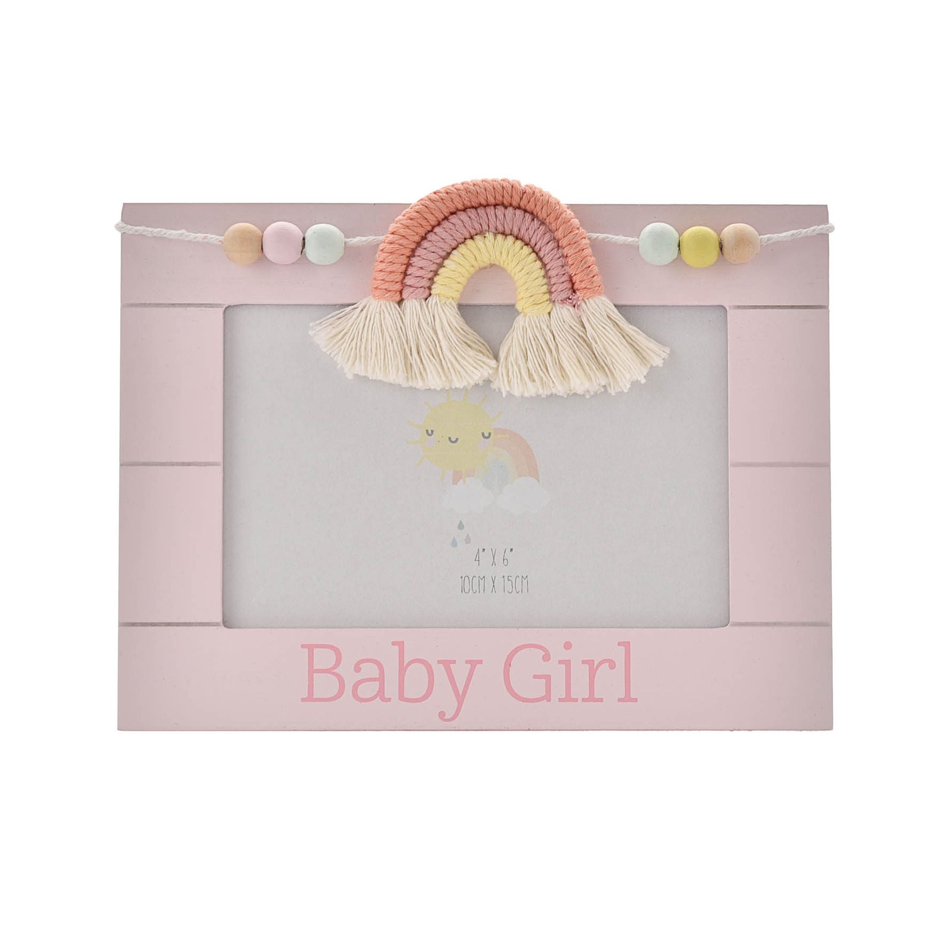 Free standing wooden photo picture frame in pink with a macrame rainbow and 'Baby Girl' Sentiment wording 
