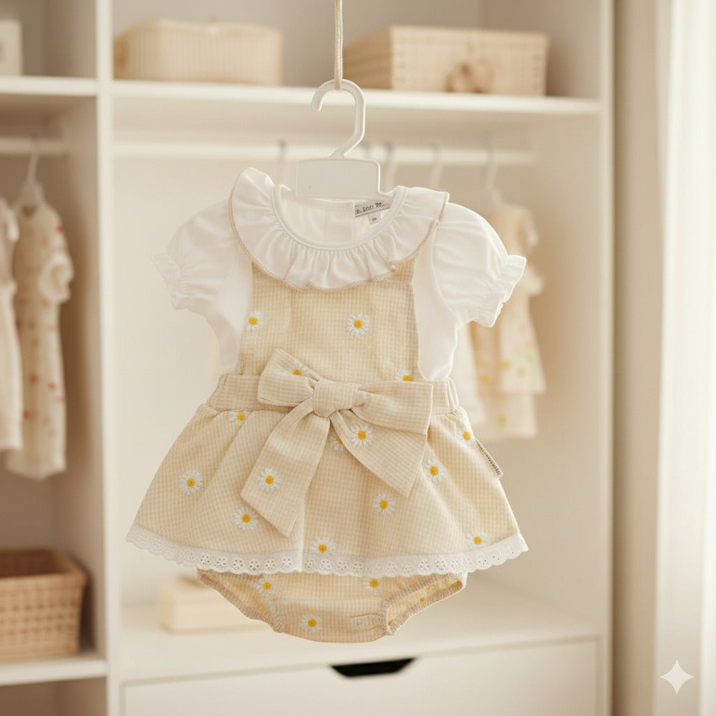 Baby girl taupe gingham floral dress set with lace trim, bow detail and white short sleeve top with matching bloomers.