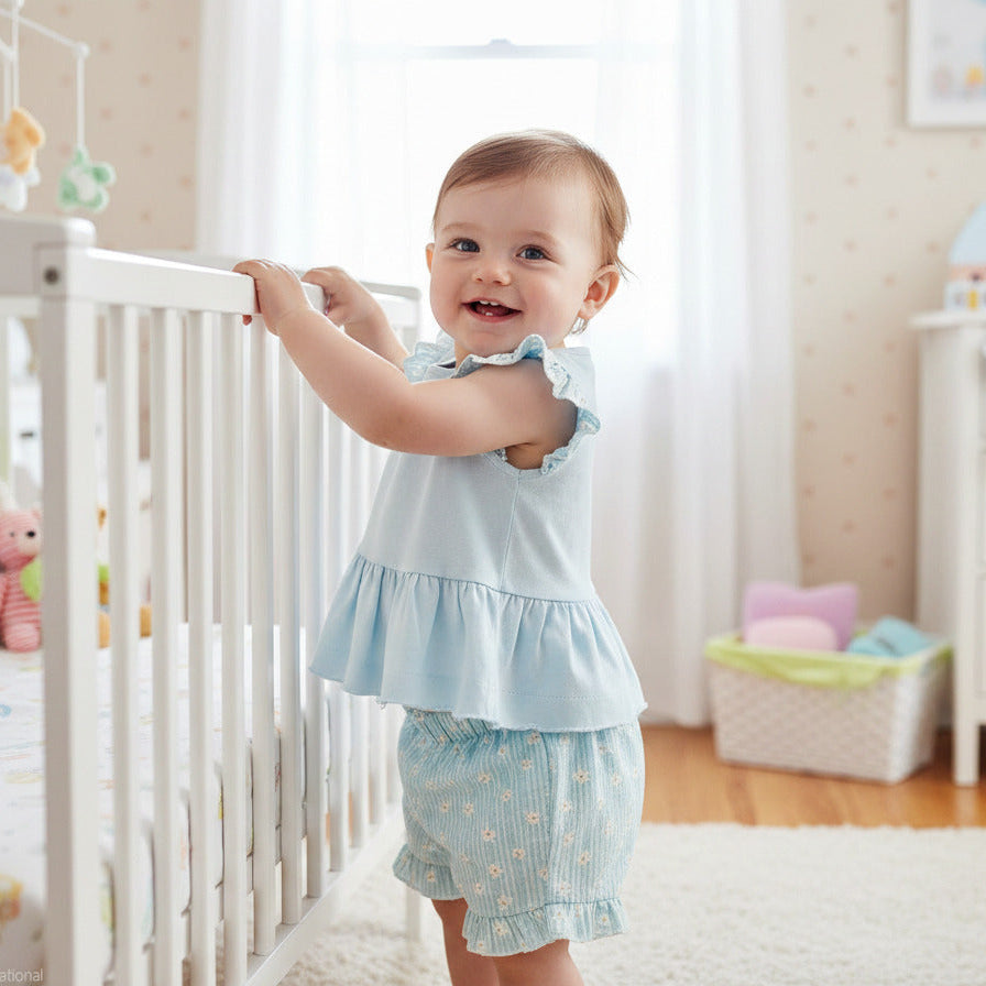 Baby girls blue woven blouse and floral shorts set with frill sleeves. Two piece baby clothes outfit shown flat on white background.