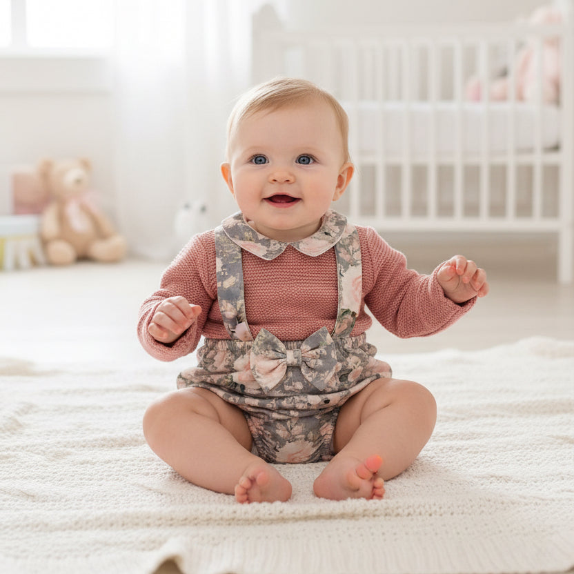 Baby girls knitted and woven dungaree set with bow detail
