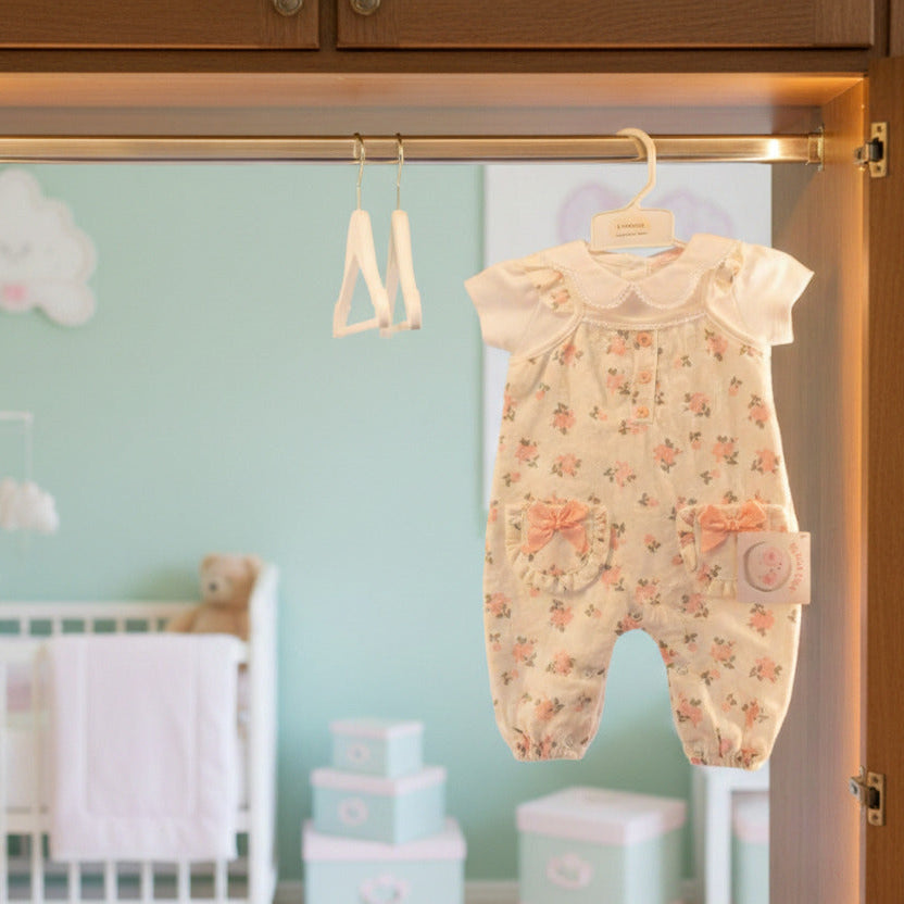 Baby girls floral long dungaree set with bows hanging in nursery wardrobe. Two piece baby clothes outfit with short sleeve top.