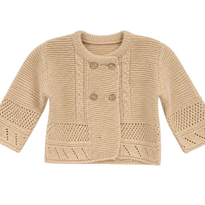 Taupe knitted baby girls cardigan with button fastening