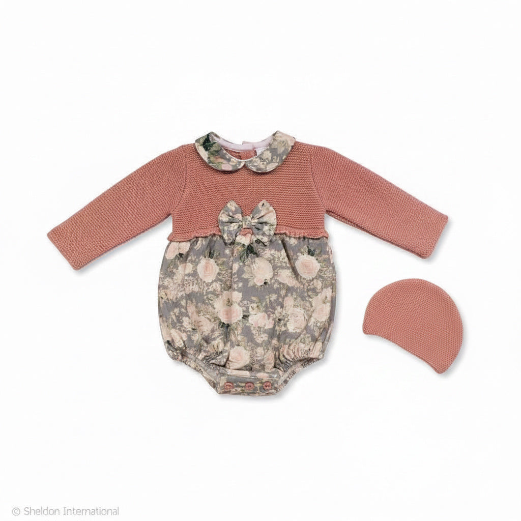 Baby Girls Romper with knitted sleeves, floral design and bow detail