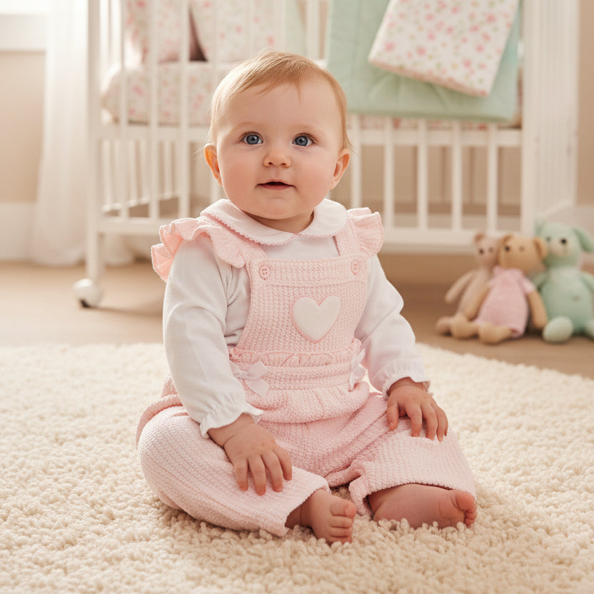 Baby wearing a pink heart dungaree set with bows and a white long-sleeved top