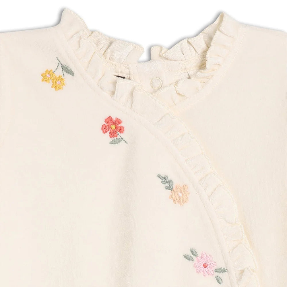 Embroidered floral details on a white garment