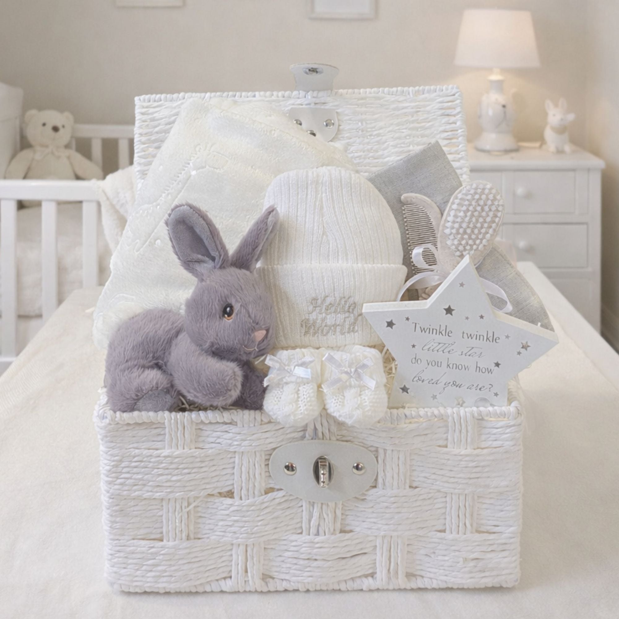 Baby Hamper Basket with grey bunny rabbit and a white blanket which can be personalised with baby's name.