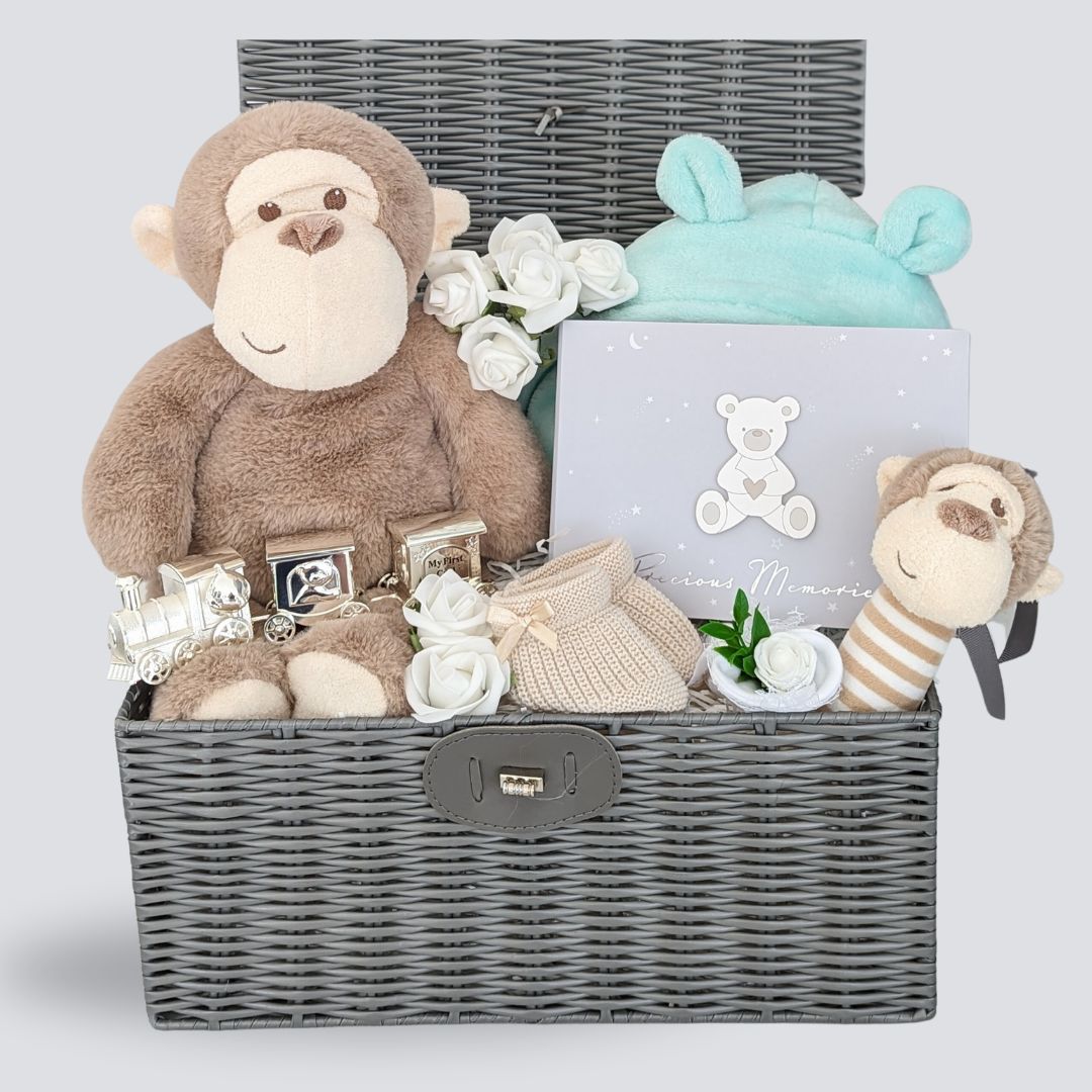 Unisex new baby gifts hamper basket with large monkey, mint green baby bath robe, silver plated tooth and curl set, photo album and more. 