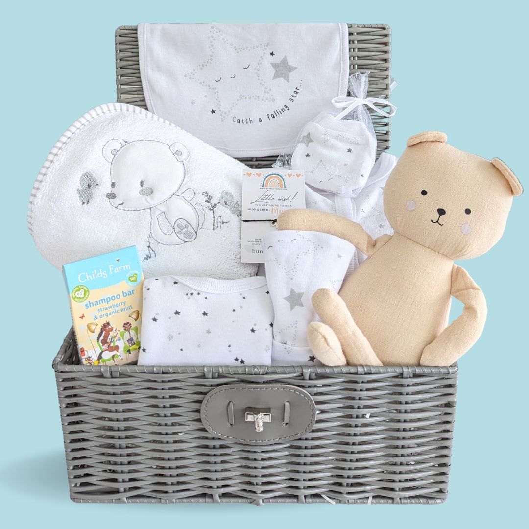 baby hamper box with unisex clothing set, elephant baby rattle, baby booties, muslin wrap and bracelet for mum.