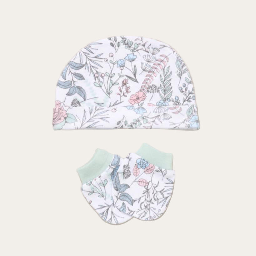 Floral-patterned baby hat and mittens set