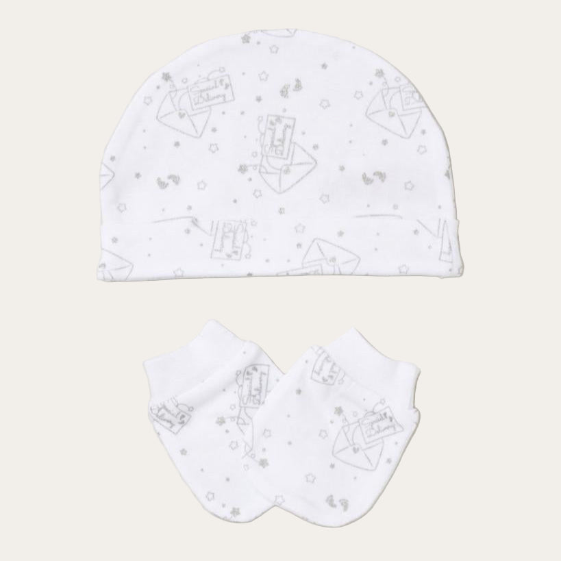 Newborn white hat and mittens set in neutral tones