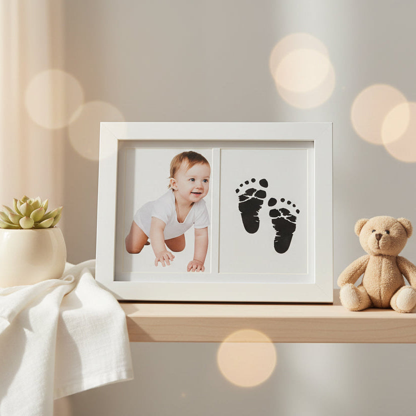 White baby Photo Frame with photograph and inkless footprint prints
