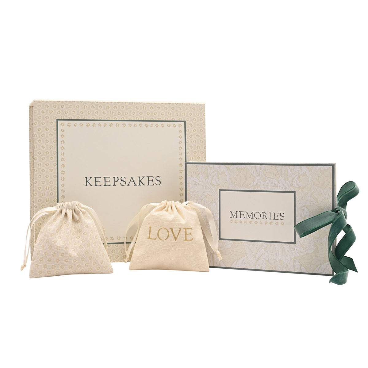 Neutral keepsake box, two drawstring pouches and a ribbon-tied ‘MEMORIES’ item against white.