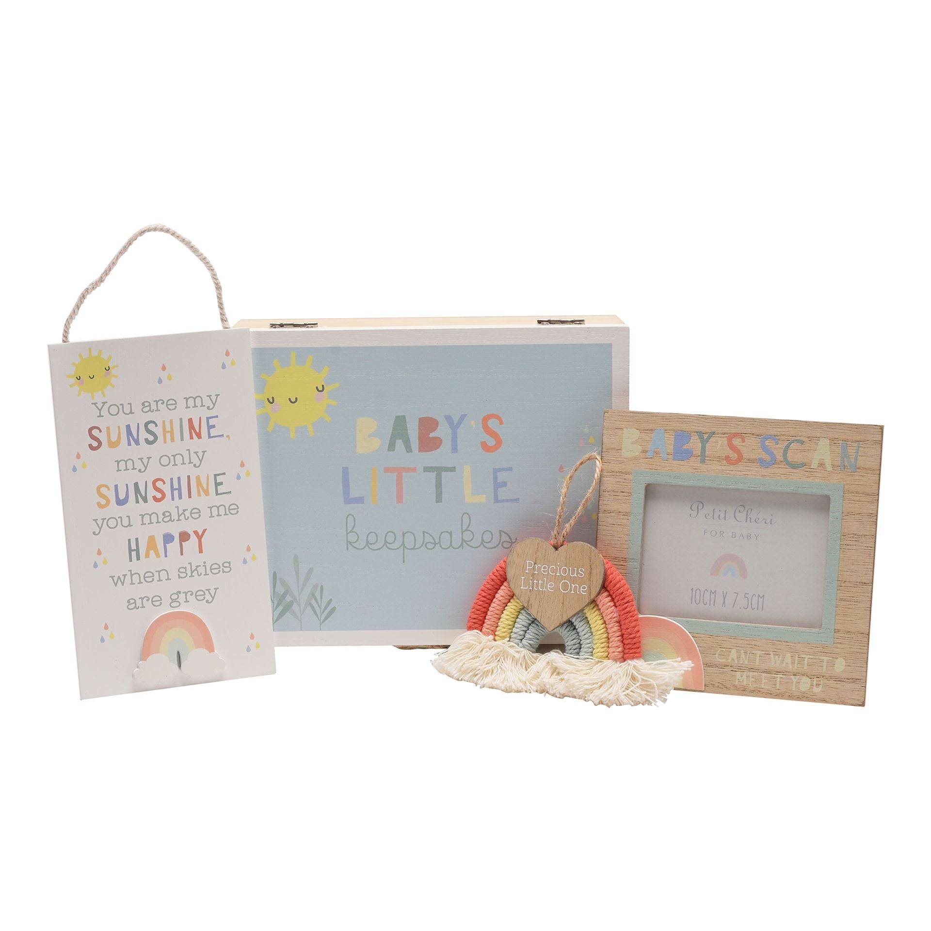 A superb gift set selection for the first moments of a babies life, including a wooden keepsake box, 'Baby' Scan photo frame, hanging plaque and macrame rainbow.