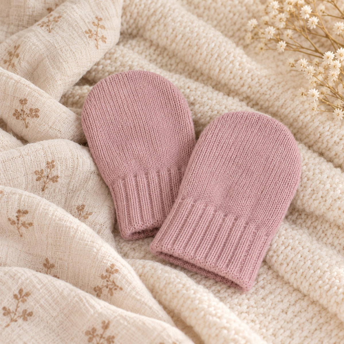 Dusky pink knit baby mittens