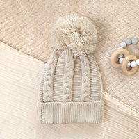 Baby Knit Hat Eco Friendly With Pompoms Biscuit Colour Baby Hat.