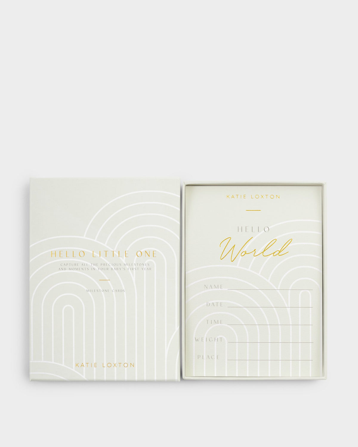 Hello Little One baby milestone cards presented in rainbow print card box