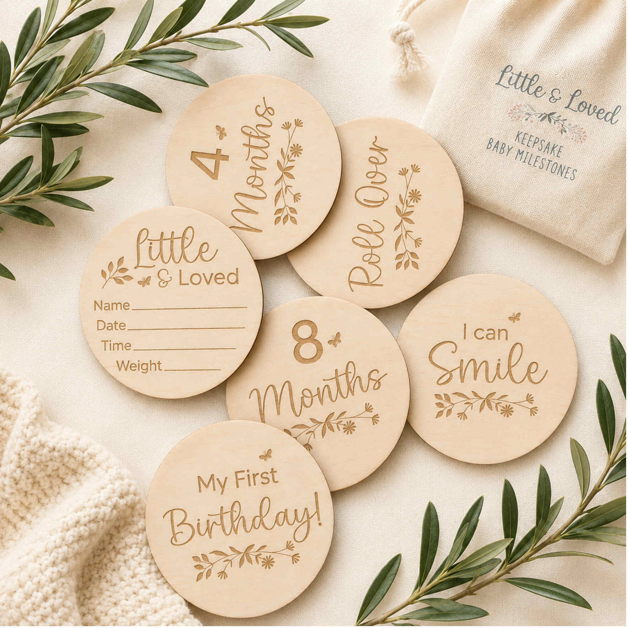 A set of round wooden baby milestone markers with engraved text and floral designs