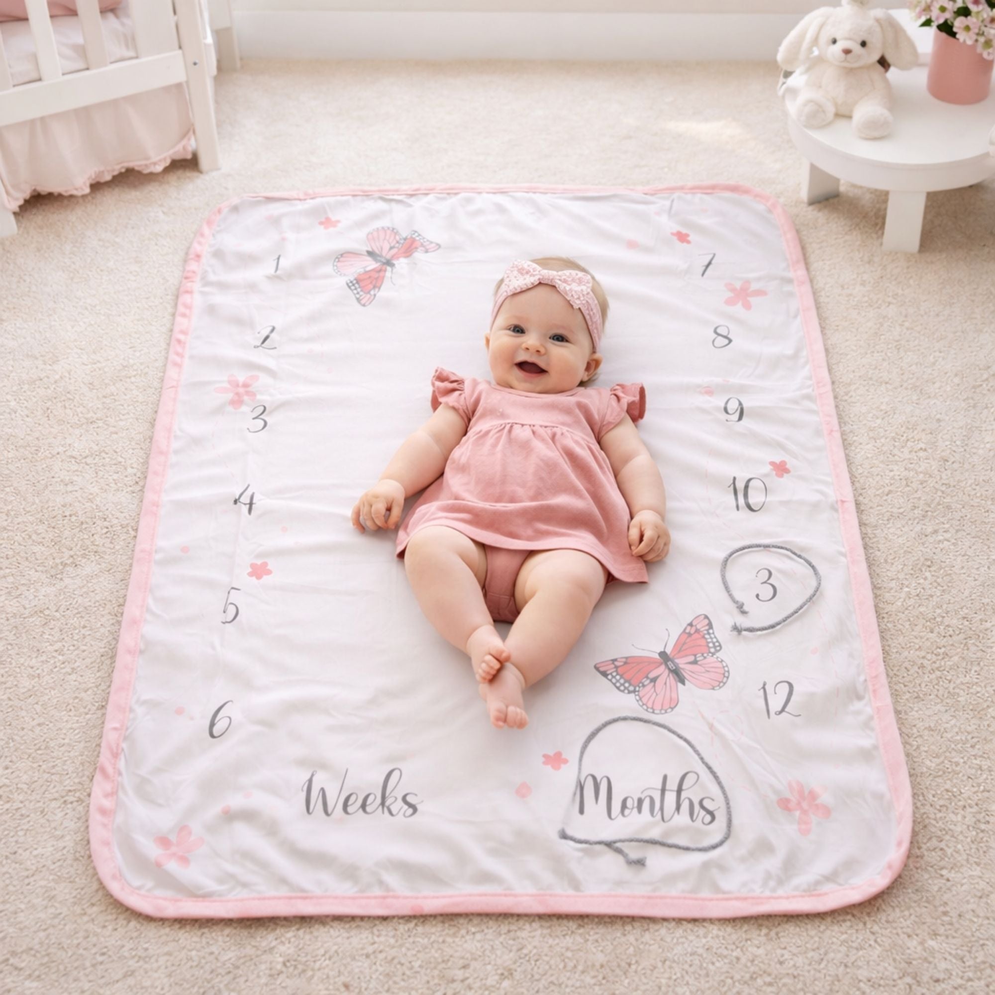 Pink baby milestone photo blanket with butterfly design, showing baby lying on keepsake blanket with age numbers