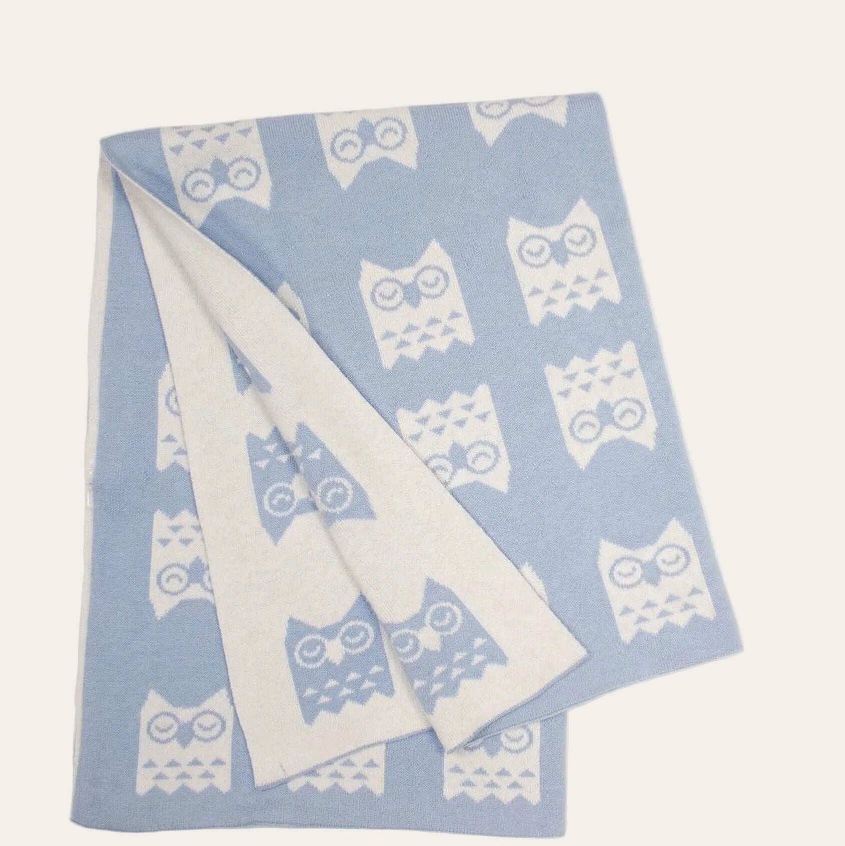 folded baby blanket showing owl pattern in blue and white
