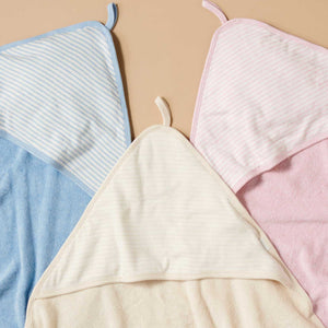 Striped blue pin and beige organic baby towel hood – soft cotton