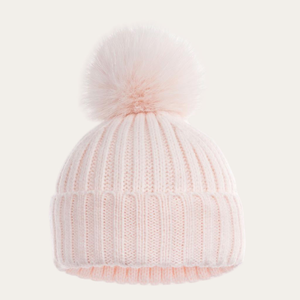 Soft baby pink winter hat with sparkly pom pom