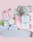 baby shower gift box with pink elephant, baby booties, socks, mittens and bracelet for mum.