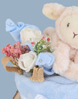 Stunning baby boy nappy cake brimming with all things baby. Perfect gift for a baby shower or to welcome a new baby into the world. Contains blanket, nappies, teddy bear, muslins, socks and mittens.