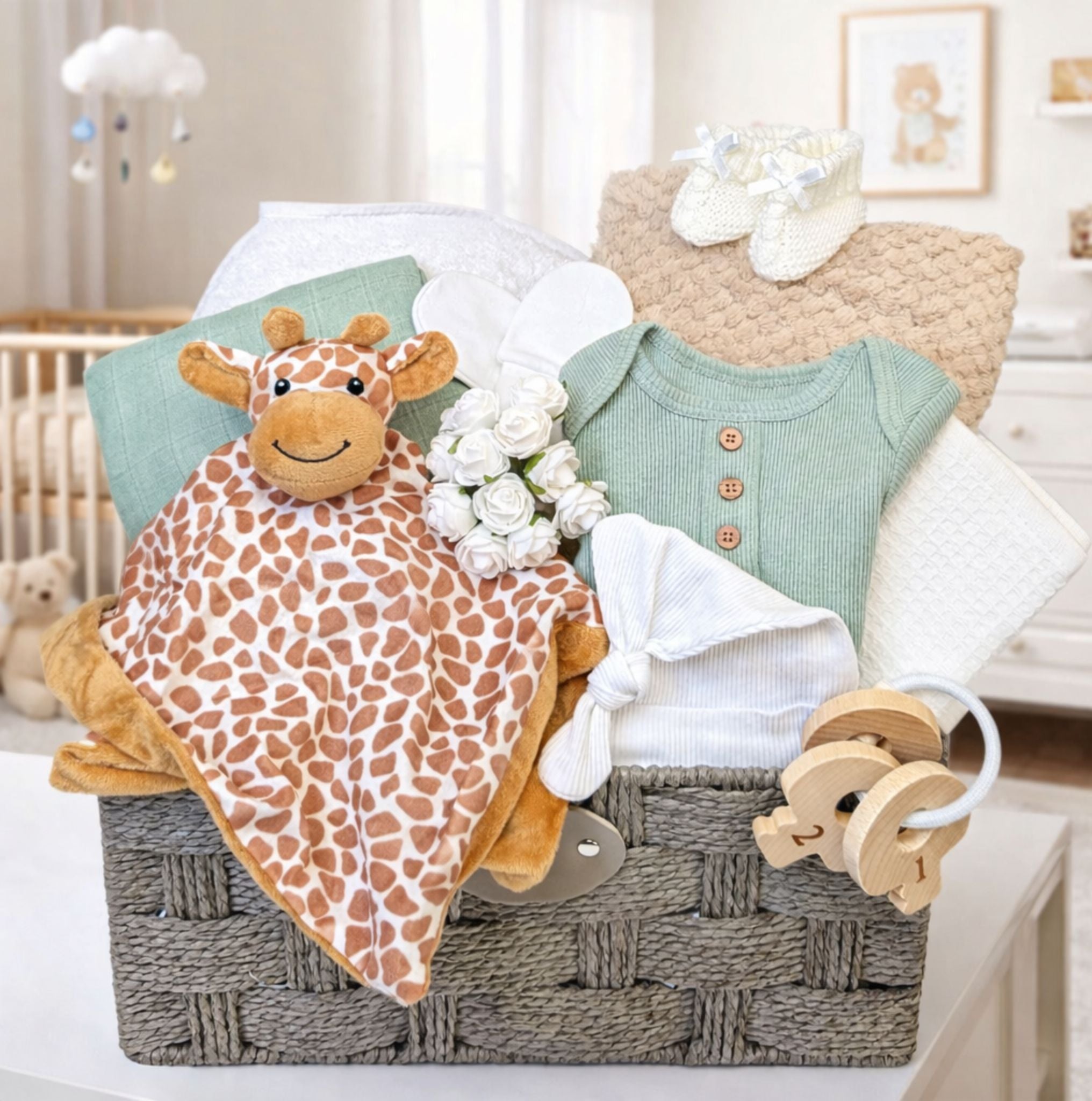 A giraffe theme present to celebrate a baby shower with orange and green tones.