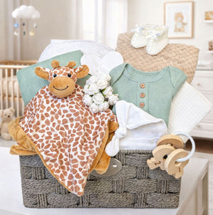 A giraffe theme present to celebrate a baby shower with orange and green tones.