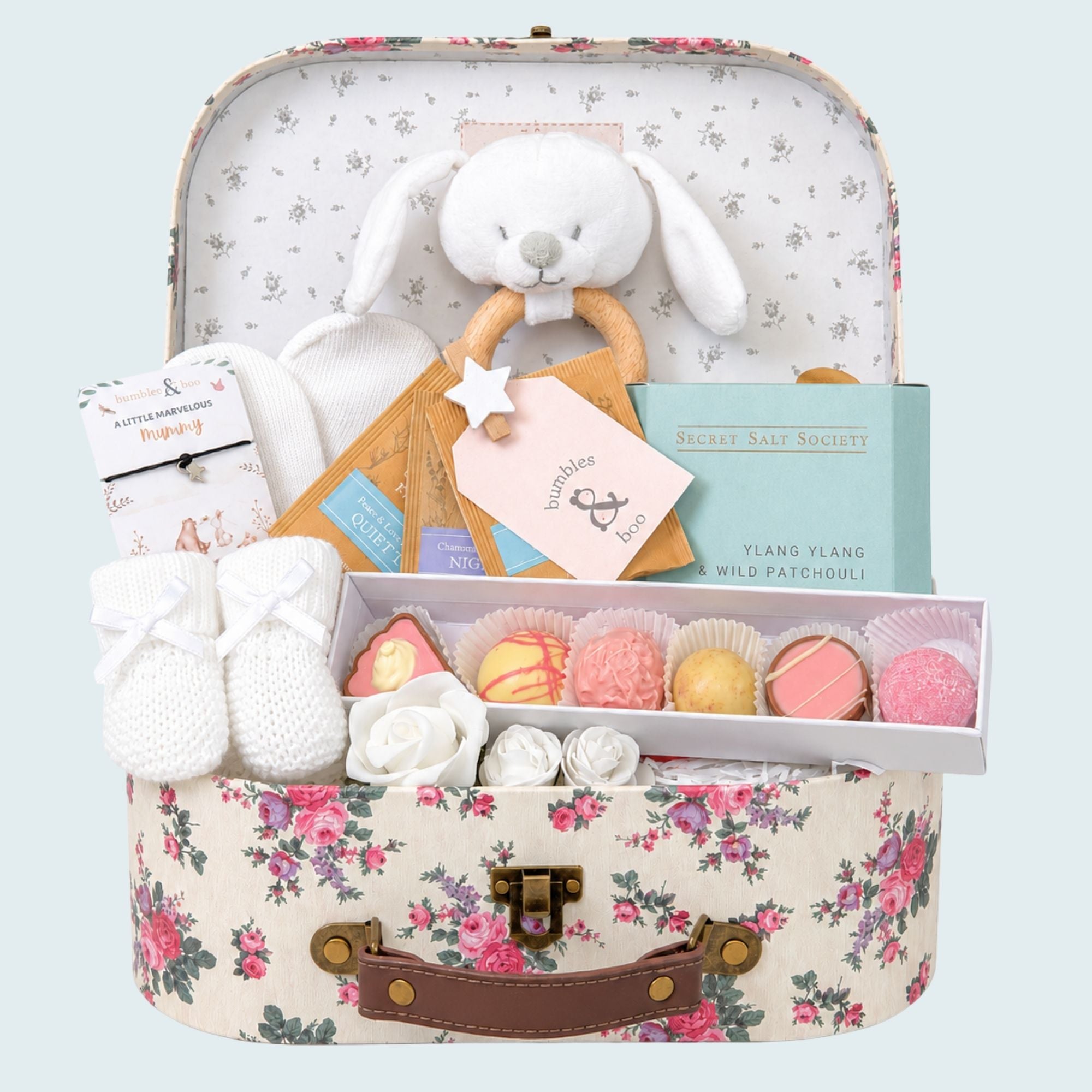 Adorable floral baby shower gifts box with presents for mum and baby in a hamper- pink and sage green. A Bumbles and Boo gift. 